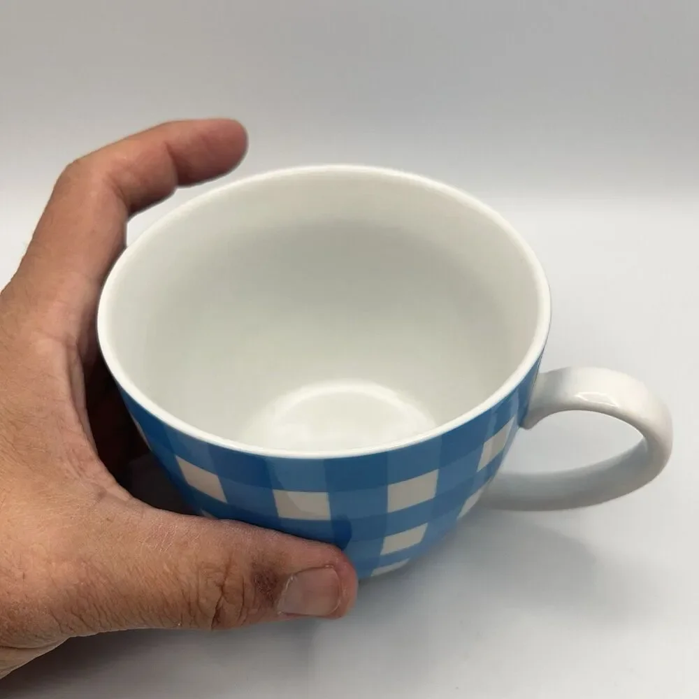 Crate & Barrel Coffee Mug Cup Gingham Plaid Blue White